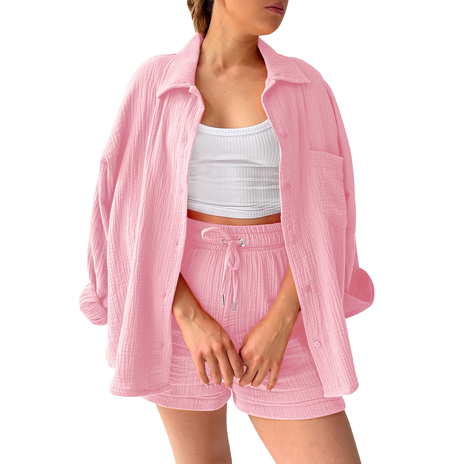 thumbnail image 2 of Conjunto de camisa holgada de solapa y un solo pecho + pantalones rectos de cintura alta para mujer - Mezcla de algodón, transpirable, mangas 7/8, 2 of 4